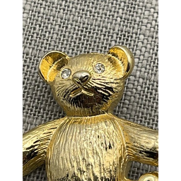 Teddy Bear Brooch Gold Tone Clear Rhinestone Eyes 2" - Picture 7 of 9